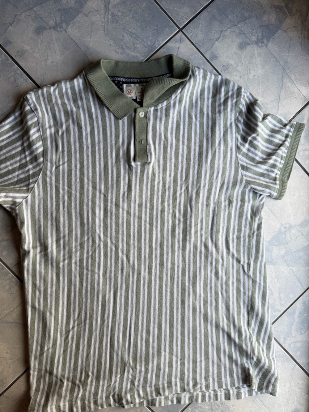 Striped Short-Sleeve Polo in Olive Green and White